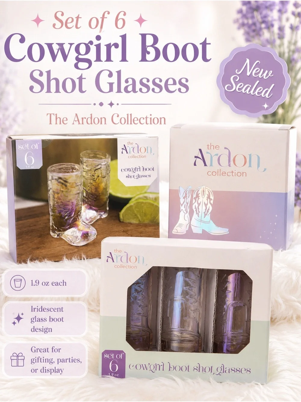 Iridescent Purple Cowgirl Boot Shot Glasses - Set of 6 ARDON